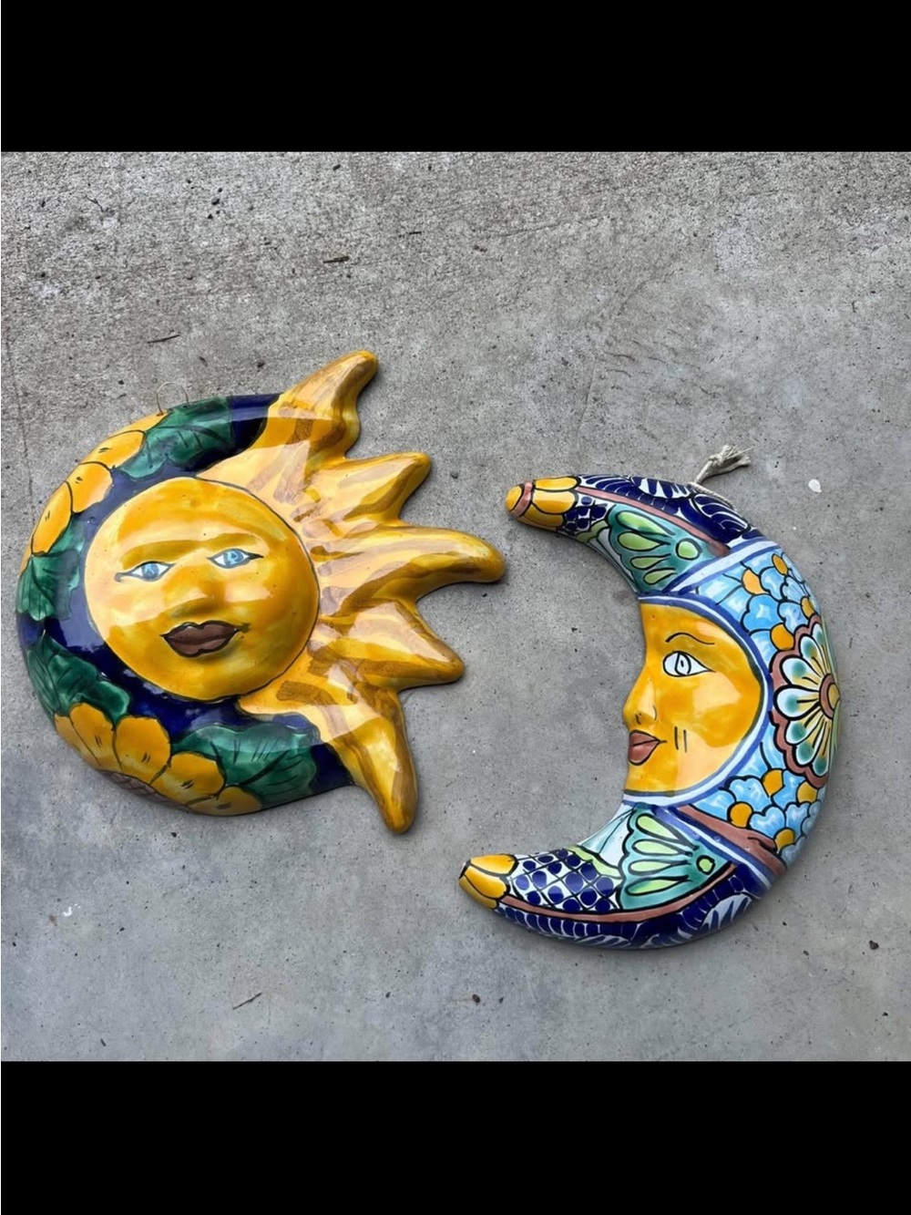Hand-Painted Ceramic Sun and Moon Wall Art - Yellow & Blue Made in Mexico